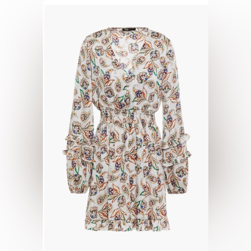 NWT MAJE Isley Ecru Paisley Print Satin Ruffle Trim Wrap Dress, Size 38/6